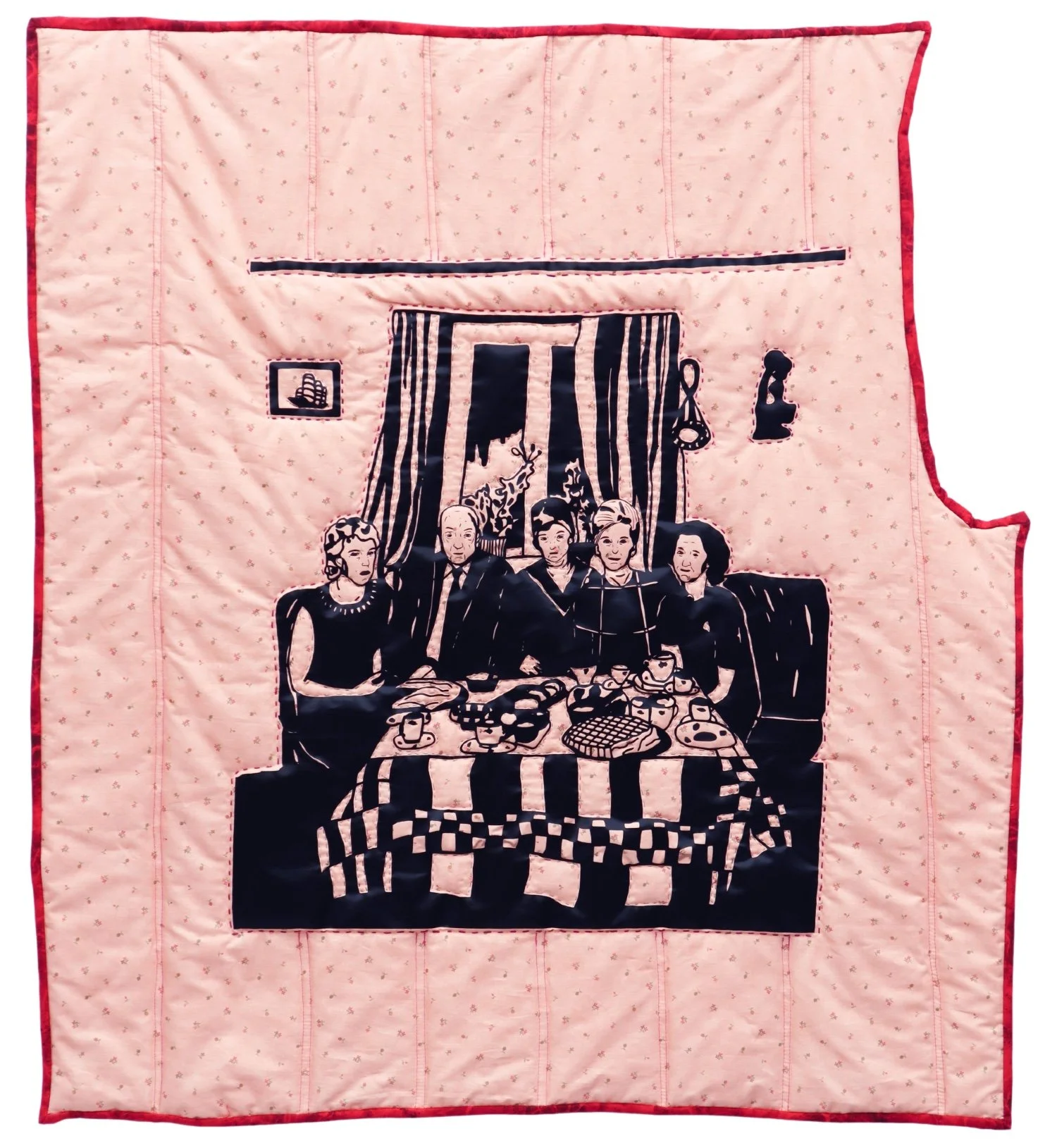 The Funeral I/Begravelsen I, heat transfer vinyl, heirloom textile, synthetic-, embroidery thread, batting, 98 x 105 cm, 2022. Photo: I.T.K