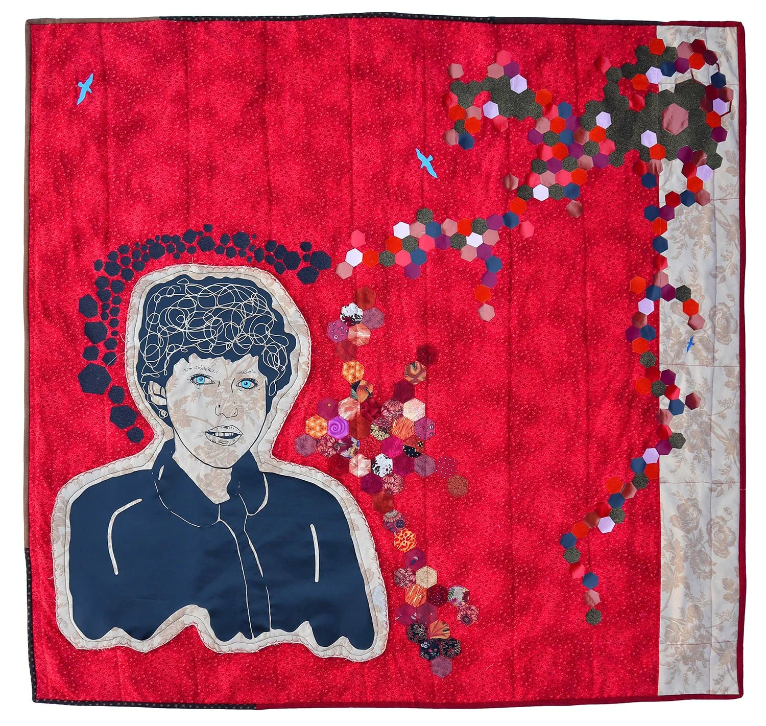 Harriet, heat transfer vinyl, heirloom textiles, cotton-, synthetic-, embroidery thread, batting, 116 x 109 cm, 2023. Photo: I.T.K