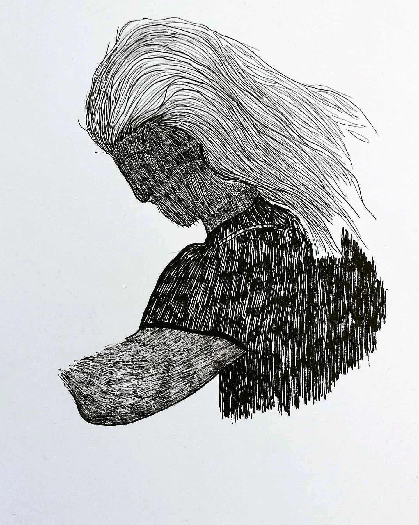 "Noe stuk på gang", ink on paper, 12 x 20 cm, 2020.