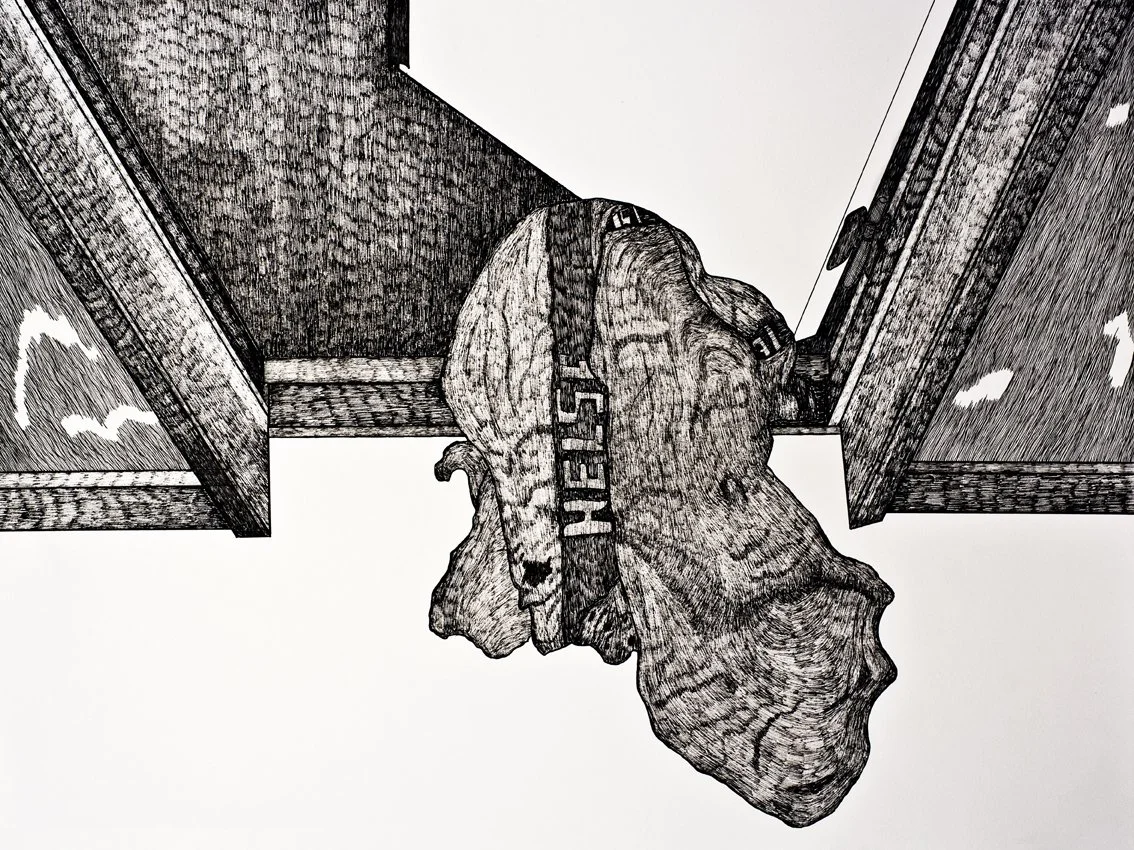 "Health described as a pile of dirty towels in a heap", ink on paper, 50 x 65 cm, 2018. Photo: Britta Bergersen.