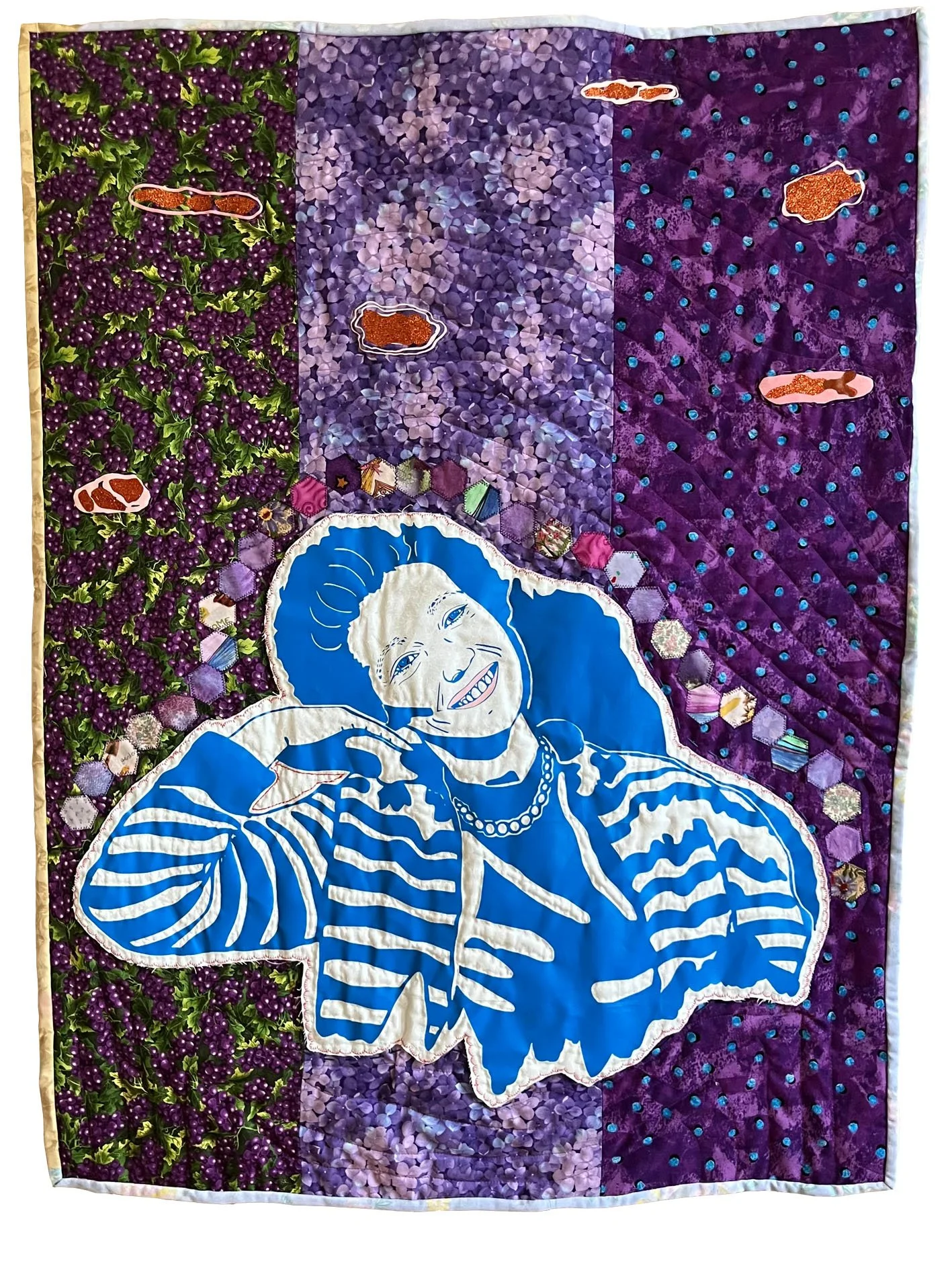 Helga, heat transfer vinyl, heirloom textiles, cotton-, synthetic-, embroidery thread, used bed linen, 83 x 109 cm, 2023. Photo: I.T.K