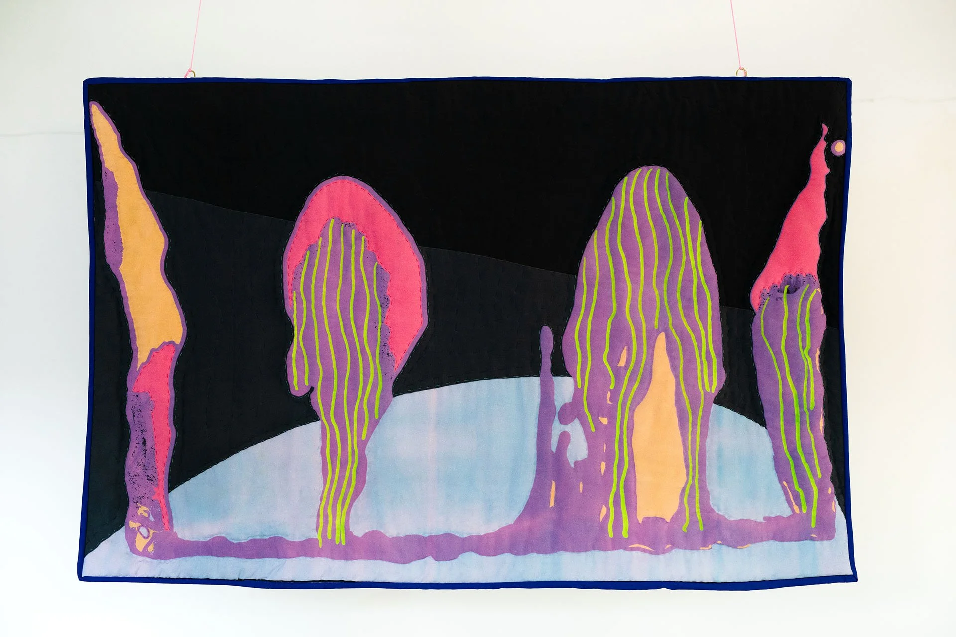 Radioactive Landscape, handquilted, reactive digital textile print, bamboo, heirloom textile, synthetic thread, batting, used bed linen, 60 x 120 cm, 2025. Photo: Malene Økland