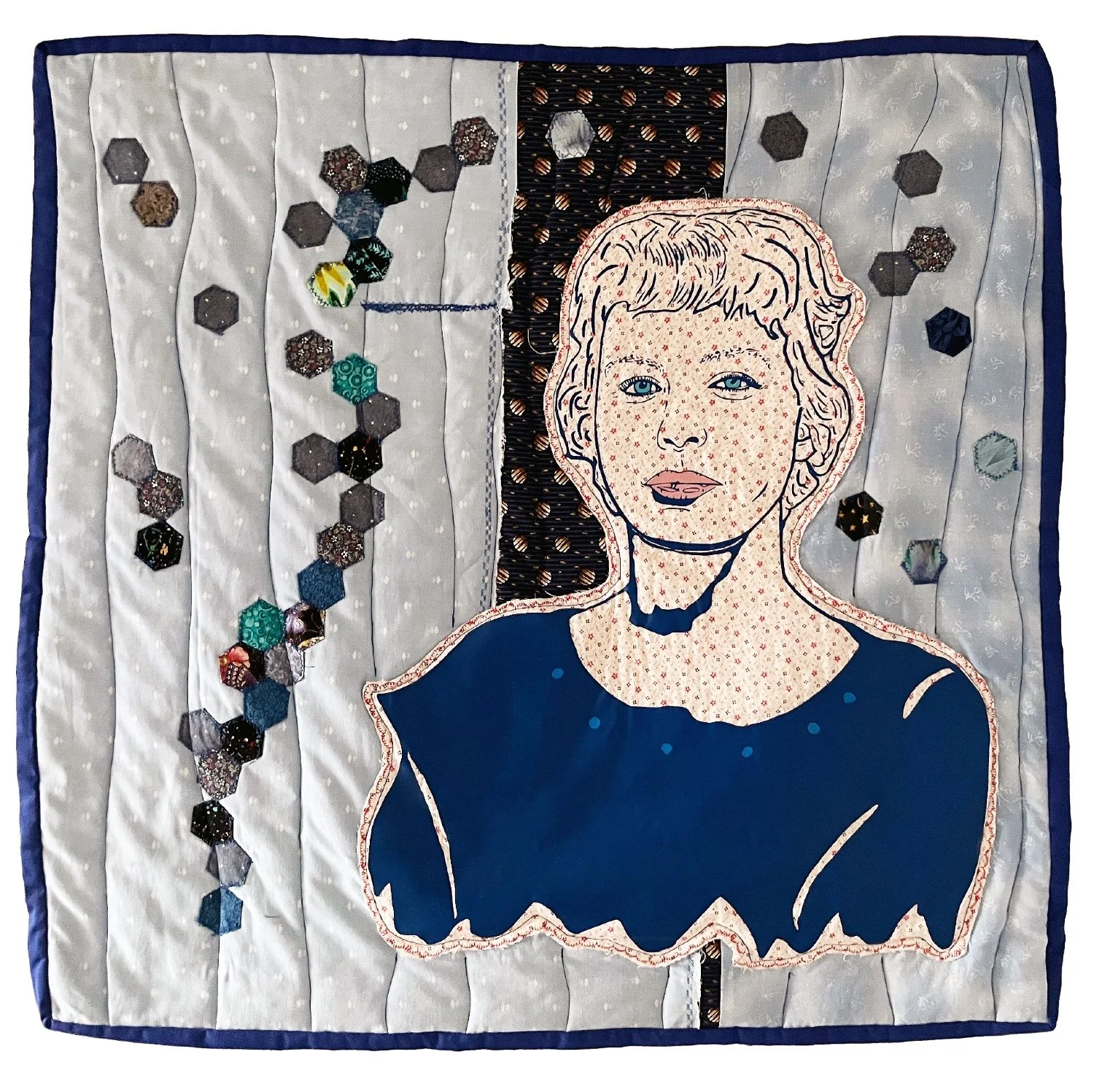 Edith, heat transfer vinyl, heirloom textiles, cotton- ,synthetic-, embroidery thread, batting, used bed linen, 79 x 77,6 cm, 2023. Photo: I.T.K