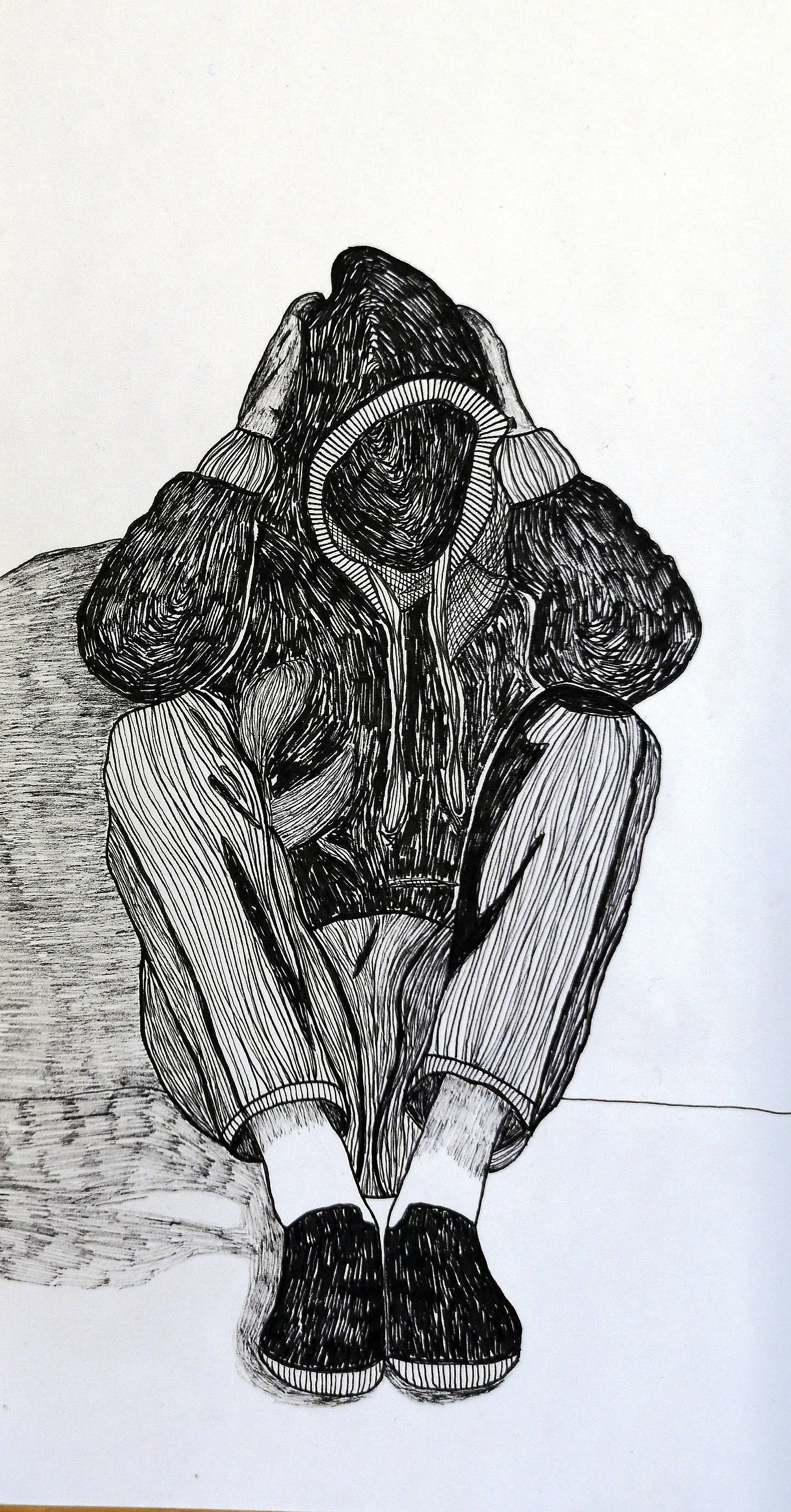 “Waiting Patiently, Yet Sensing Something”, ink on paper, 15 x 29 cm, 2020.