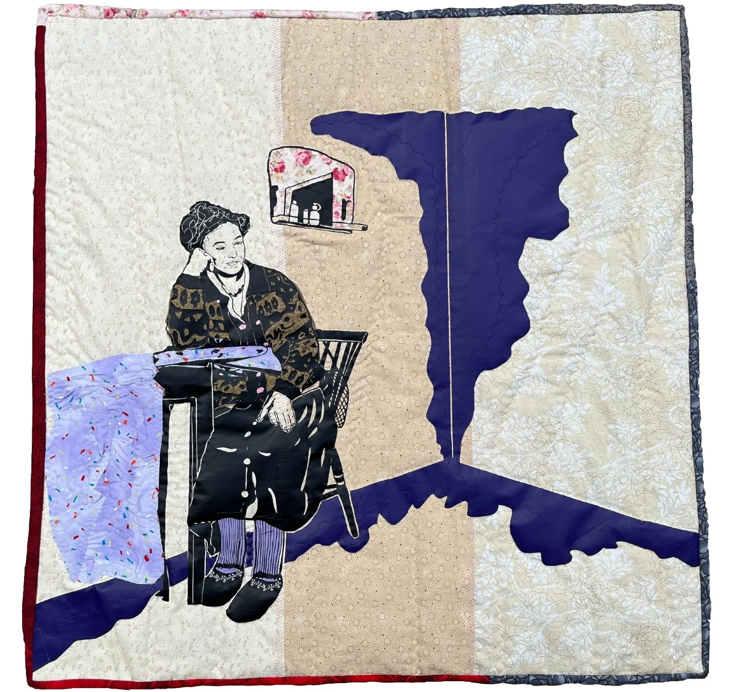 A cold winter morning in the kitchen/En kald vintermorgen på kjøkkenet, heat transfer vinyl, heirloom textiles, synthetic thread, batting, used bed linen, 82 x 84 cm. Photo: I.T.K