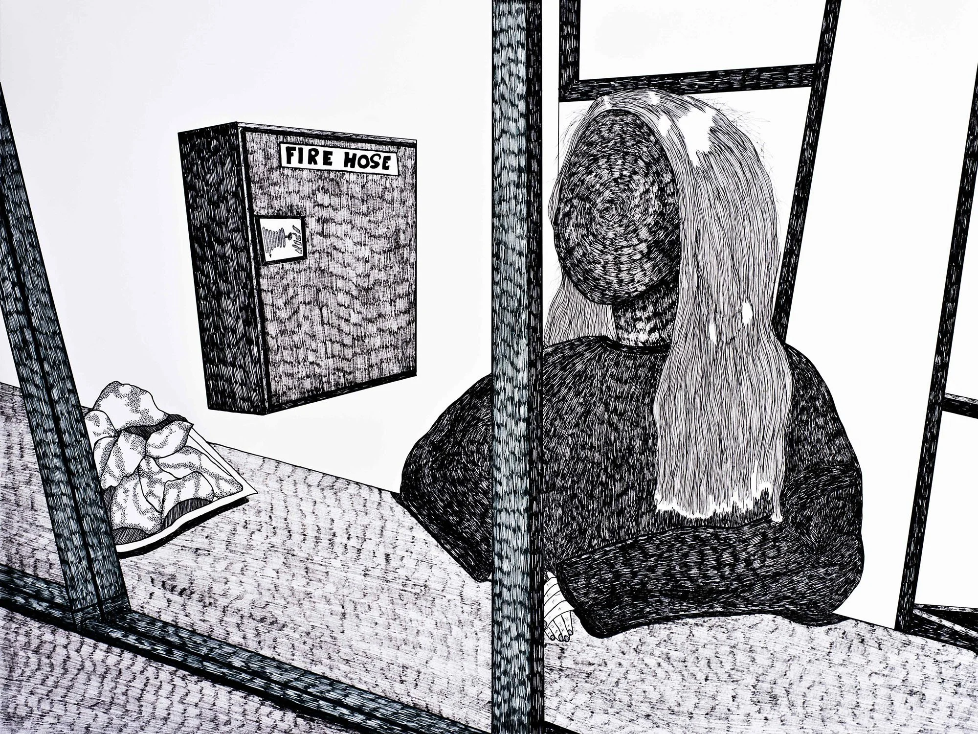 "Waiting Space", ink on paper, 50 x 65 cm, 2018. Photo Britta Bergersen.