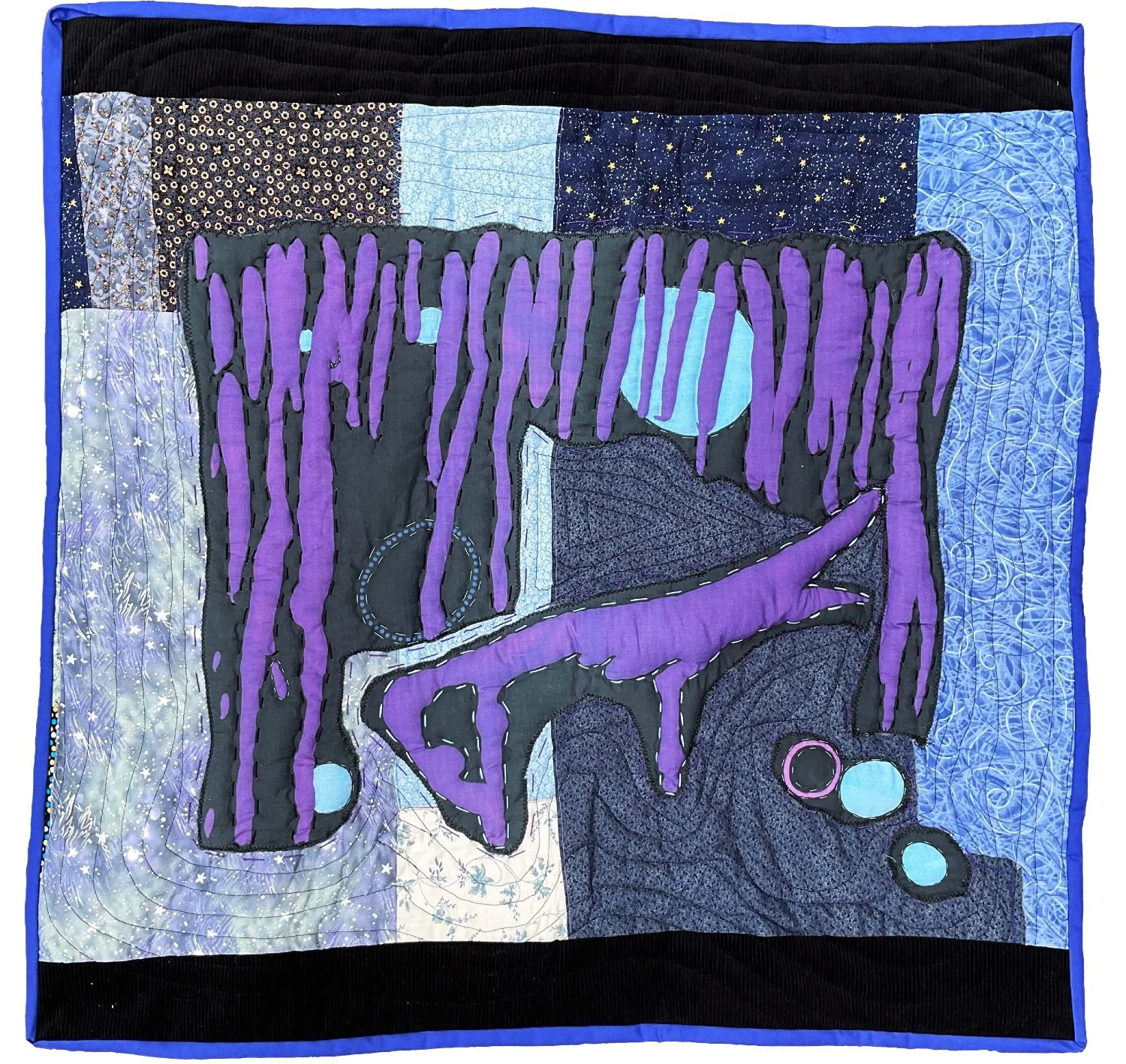 Crisp Winter Night/Vinternatt, reactive digital textile print, heirloom textile, synthetic-, saishiko thread, batting, used bed linen, 79 x 77 cm, 2024. Photo: I.T.K