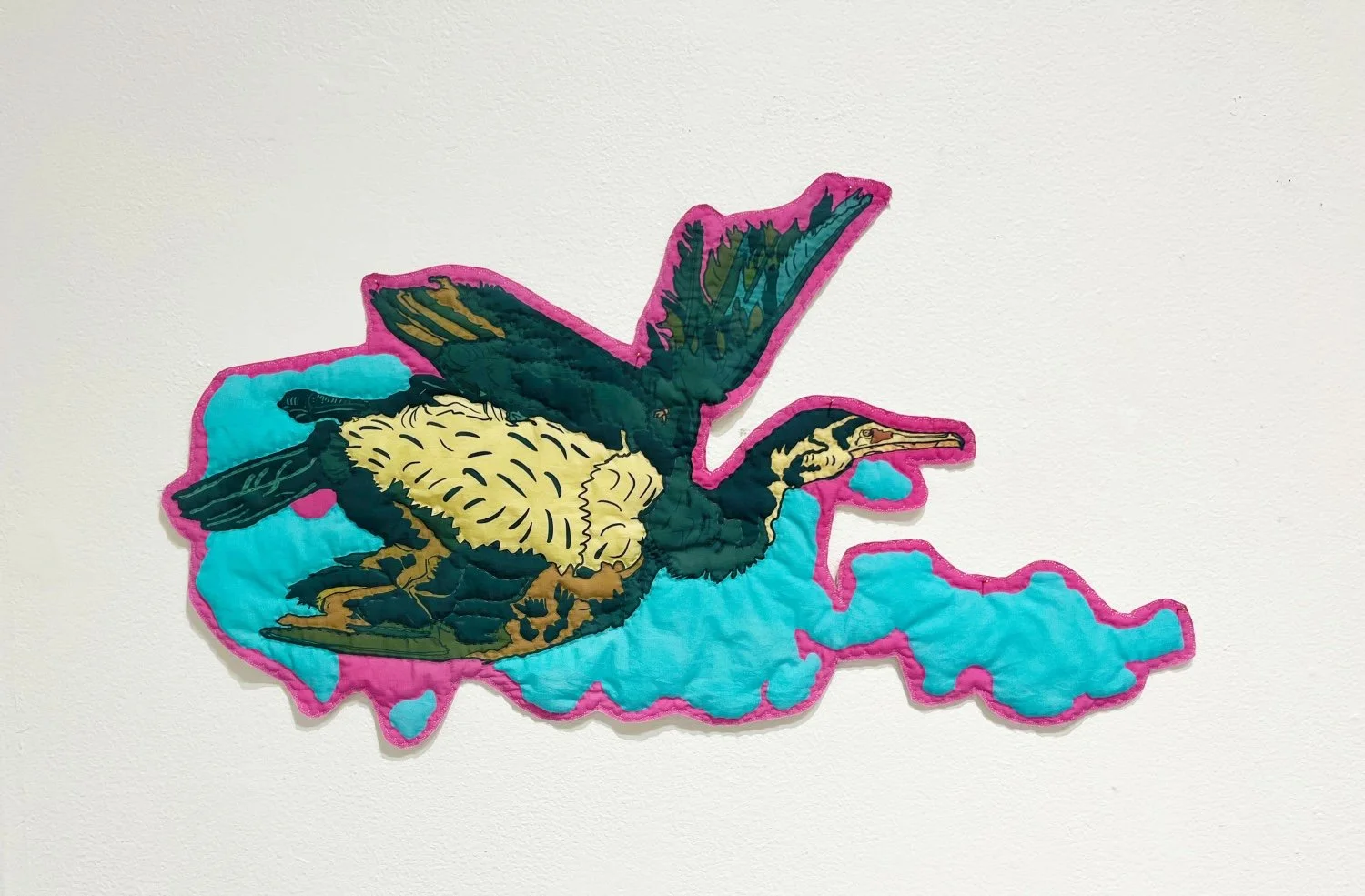 What has been, what is, what is to come/Det som har vært, det som er, det som kommer, reactive digital textile printing, heirloom textile, synthetic thread, batting, 47 x 82 cm, 2024. Photo: Ann Edvartsen Hay. 