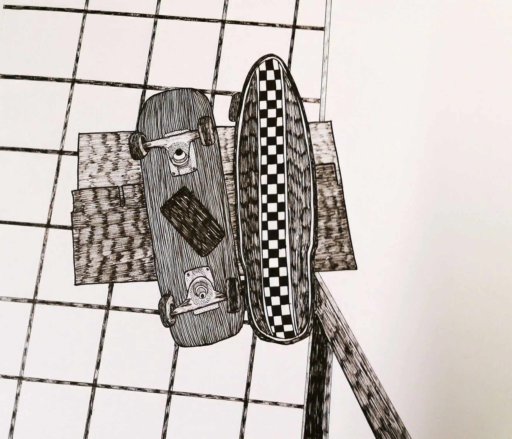 “My stuff, but I’ll be skating soon — just gotta fix something first”, ink on paper, 2020.