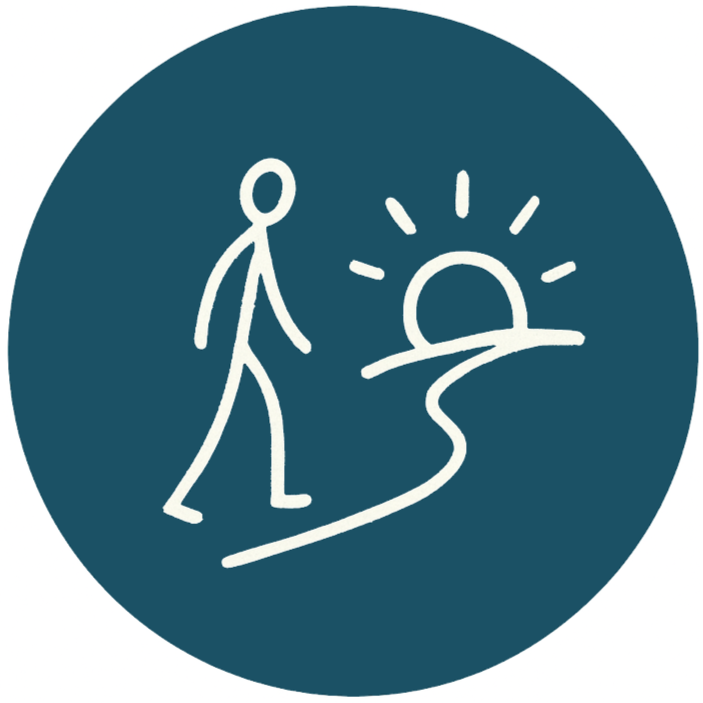 Illustration of a person walking toward a sunrise over a path.