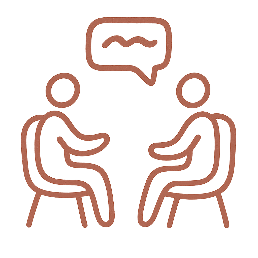 Outline illustration of two people sitting on chairs facing each other, engaged in conversation with a speech bubble above them.