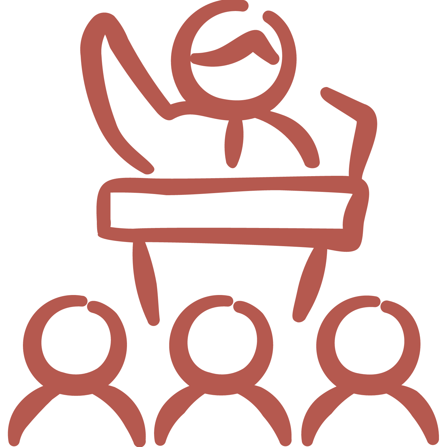 A simple line drawing of a woman with sunglasses sitting on a bench with three people in front of her.