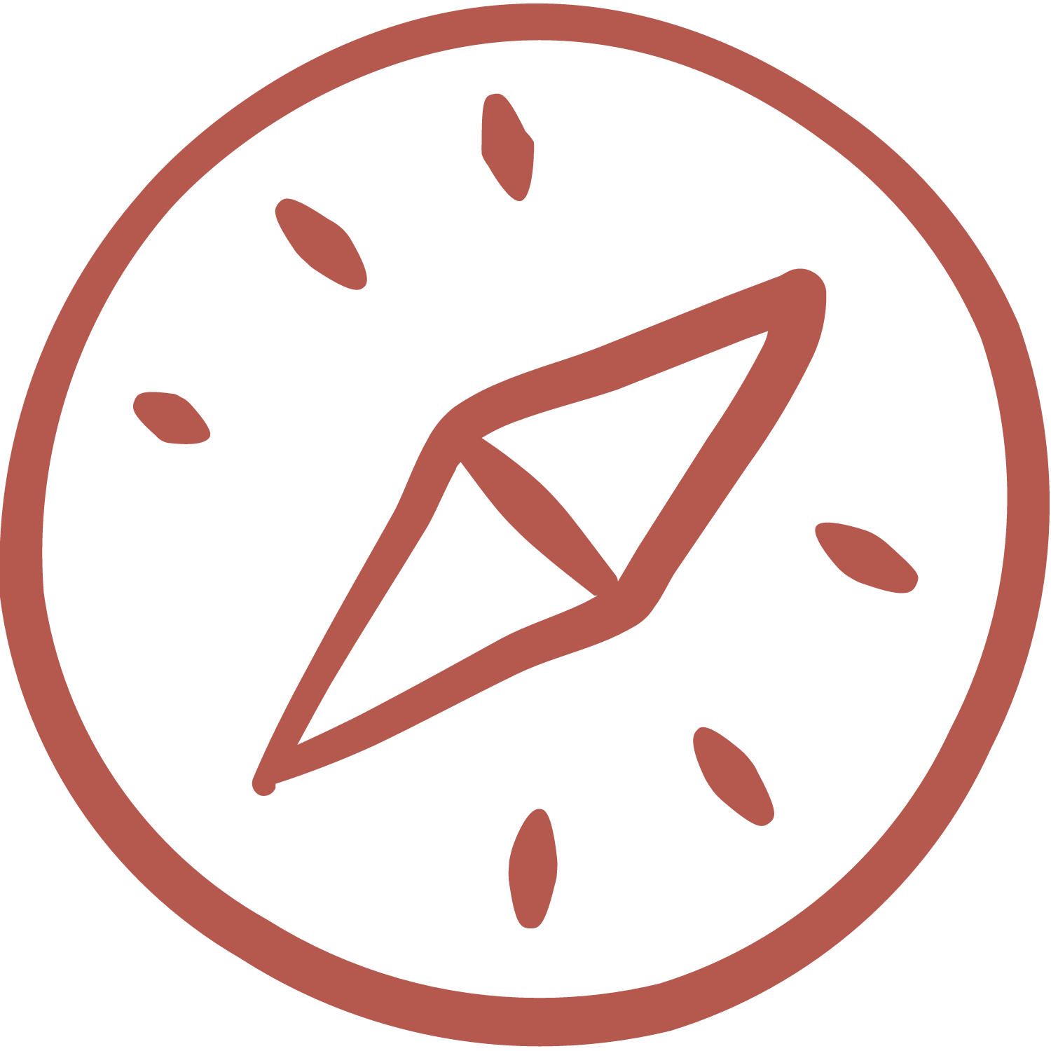 A minimalist illustration of a compass with a central needle pointing northeast, surrounded by small marks indicating directions, all in a reddish-brown outline.