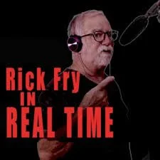 A poster featuring a man with glasses and a beard wearing headphones, pointing with his finger. Text reads 'Rick Fry in Real Time' in red and white letters.