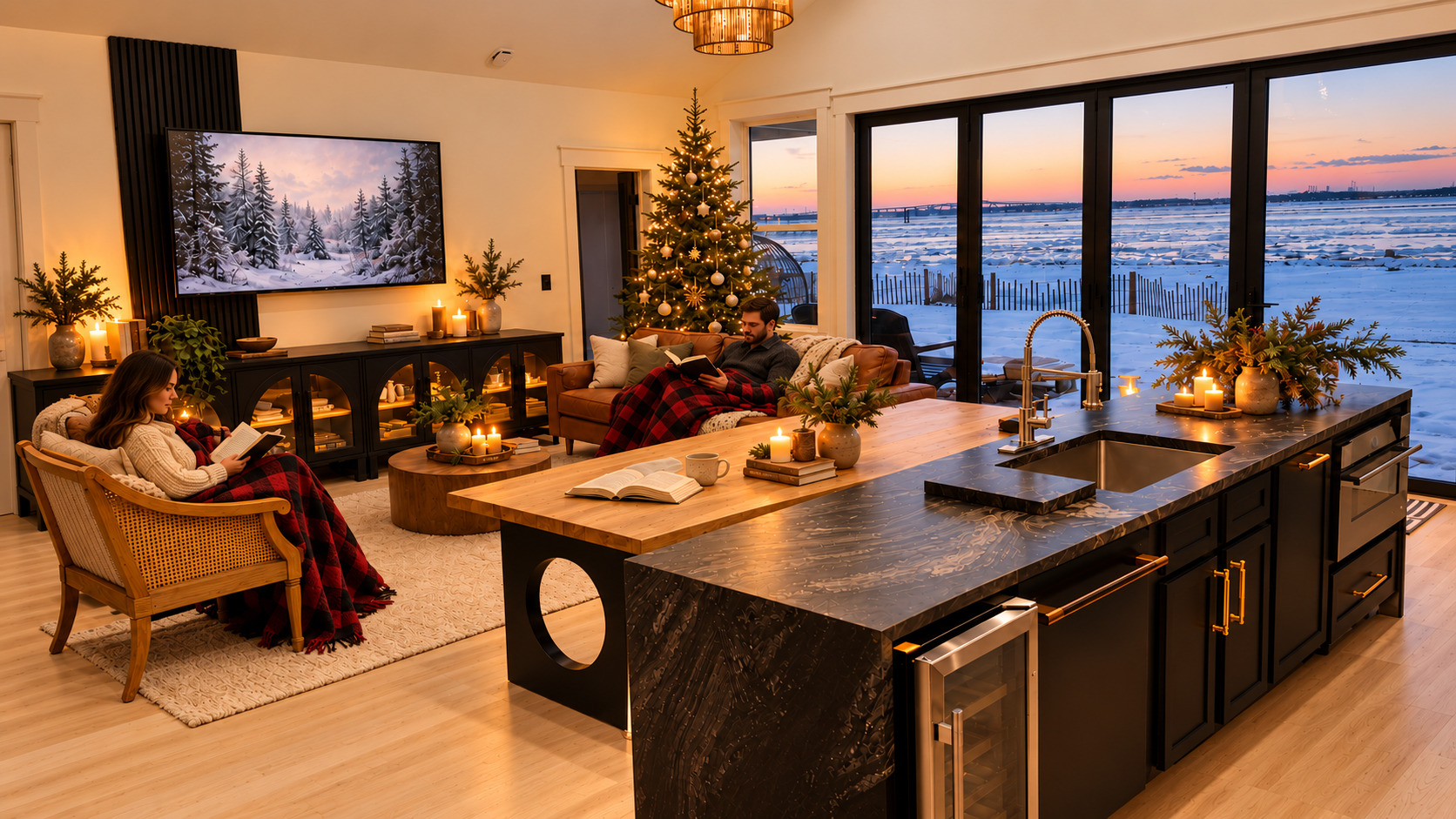 Readers with red-and-black blankets beside a Christmas tree in the BeachRiver living room, overlooking the river.