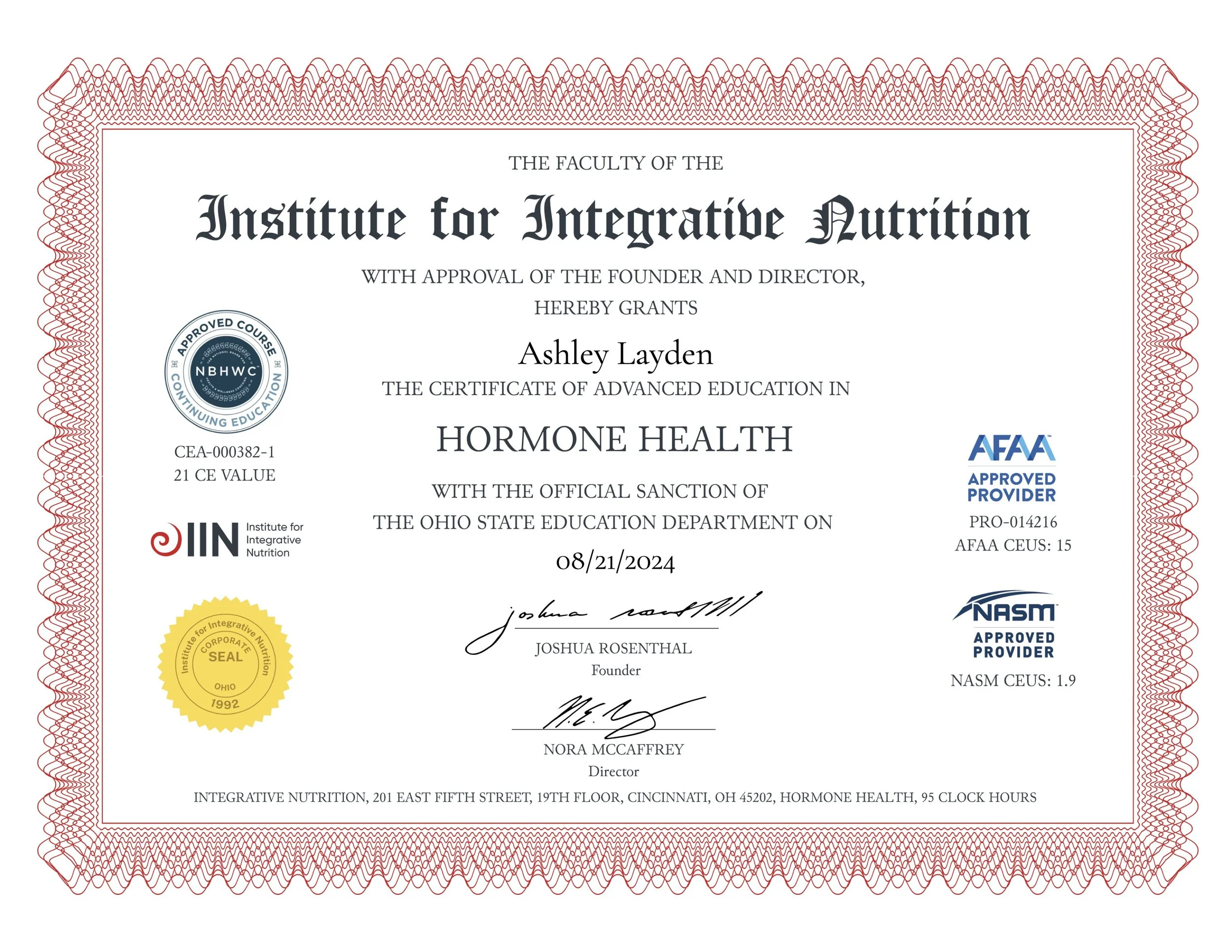 Certificate of advanced education in hormone health from the Institute for Integrative Nutrition, dated August 21, 2024, with signatures, seals, and accreditation logos.