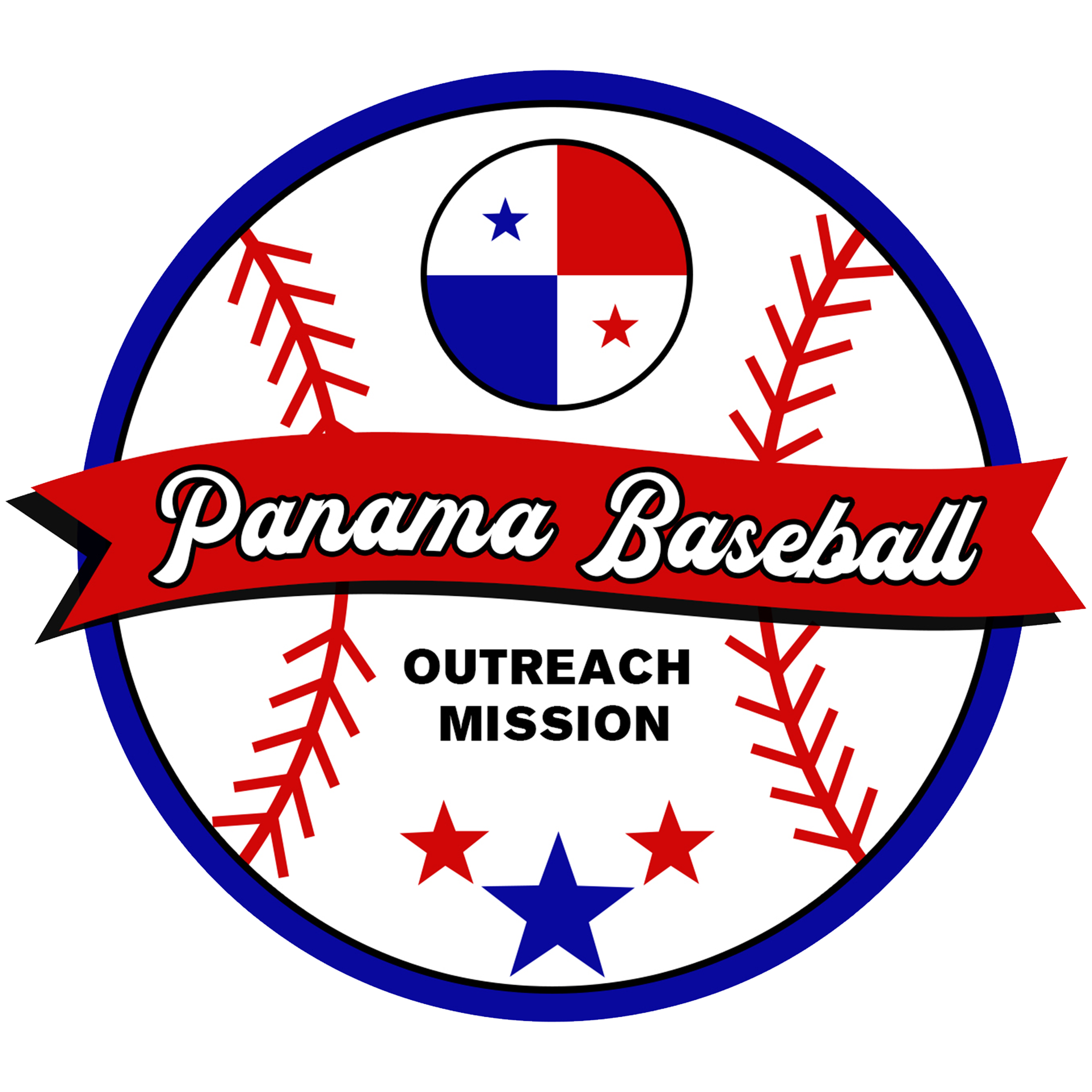 Logo for Panama Baseball Outreach Mission, featuring red, white, and blue colors, baseball stitching design, and the Panama flag.