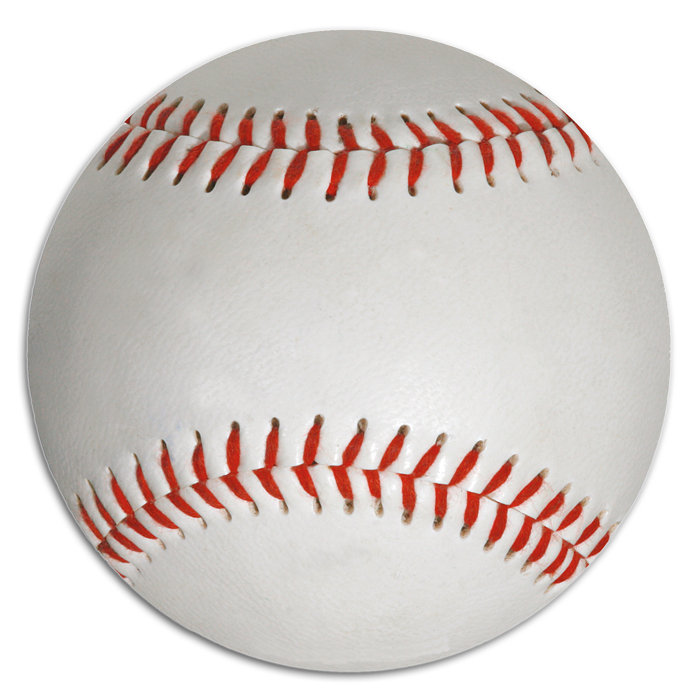 Close-up of a white baseball with red stitching.