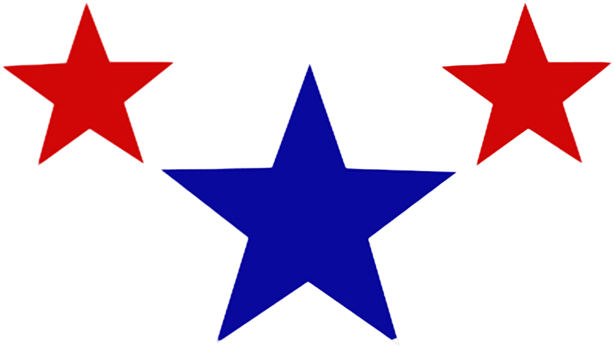 Three stars with a patriotic color scheme, two red stars and one larger blue star, are arranged in a diagonal line. The red stars are positioned above the blue star against a black background.