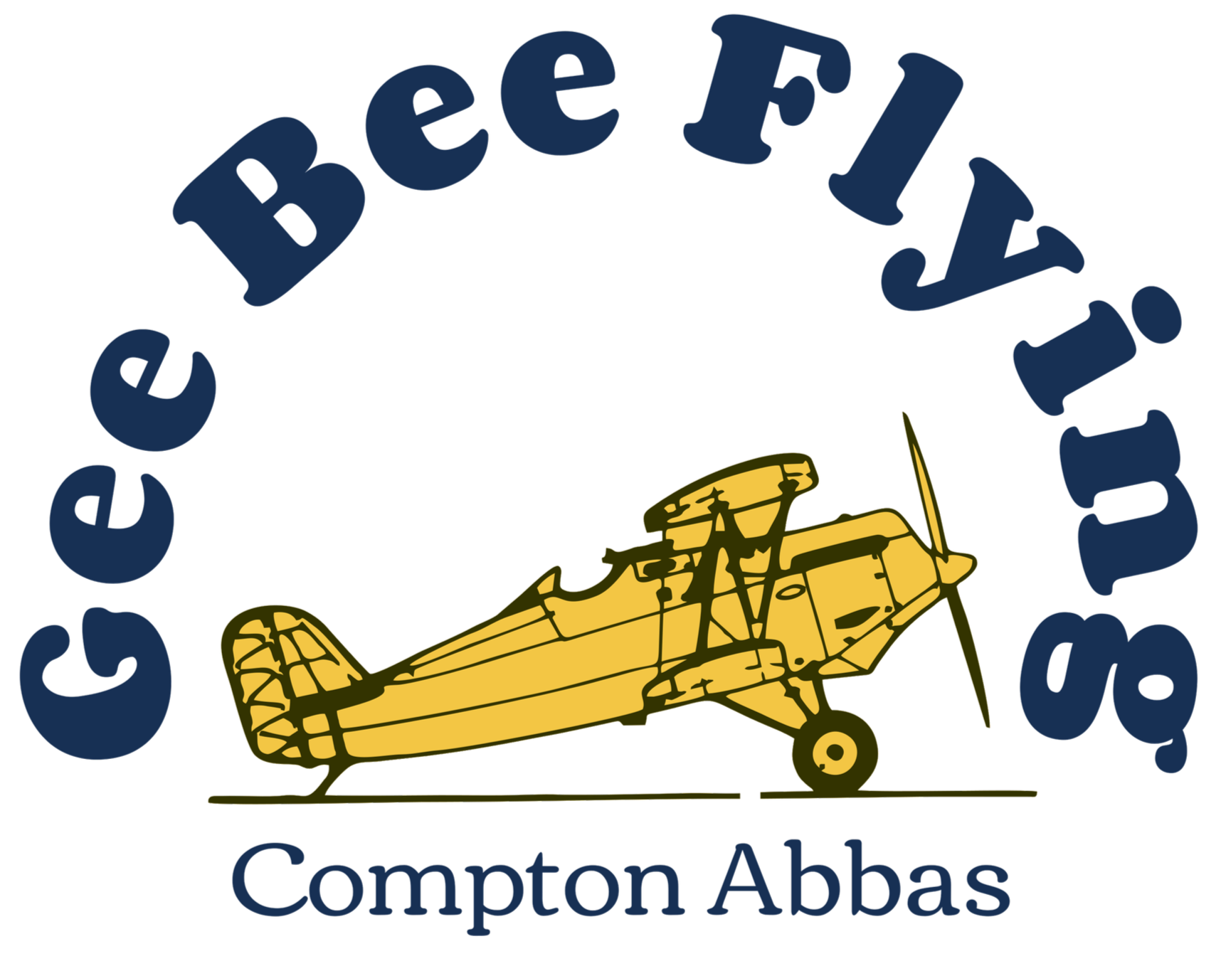 Logo of a vintage yellow biplane airplane, with text curving above it that reads 'Gee Bee Flying' and text below that reads 'Compton Abbas'.