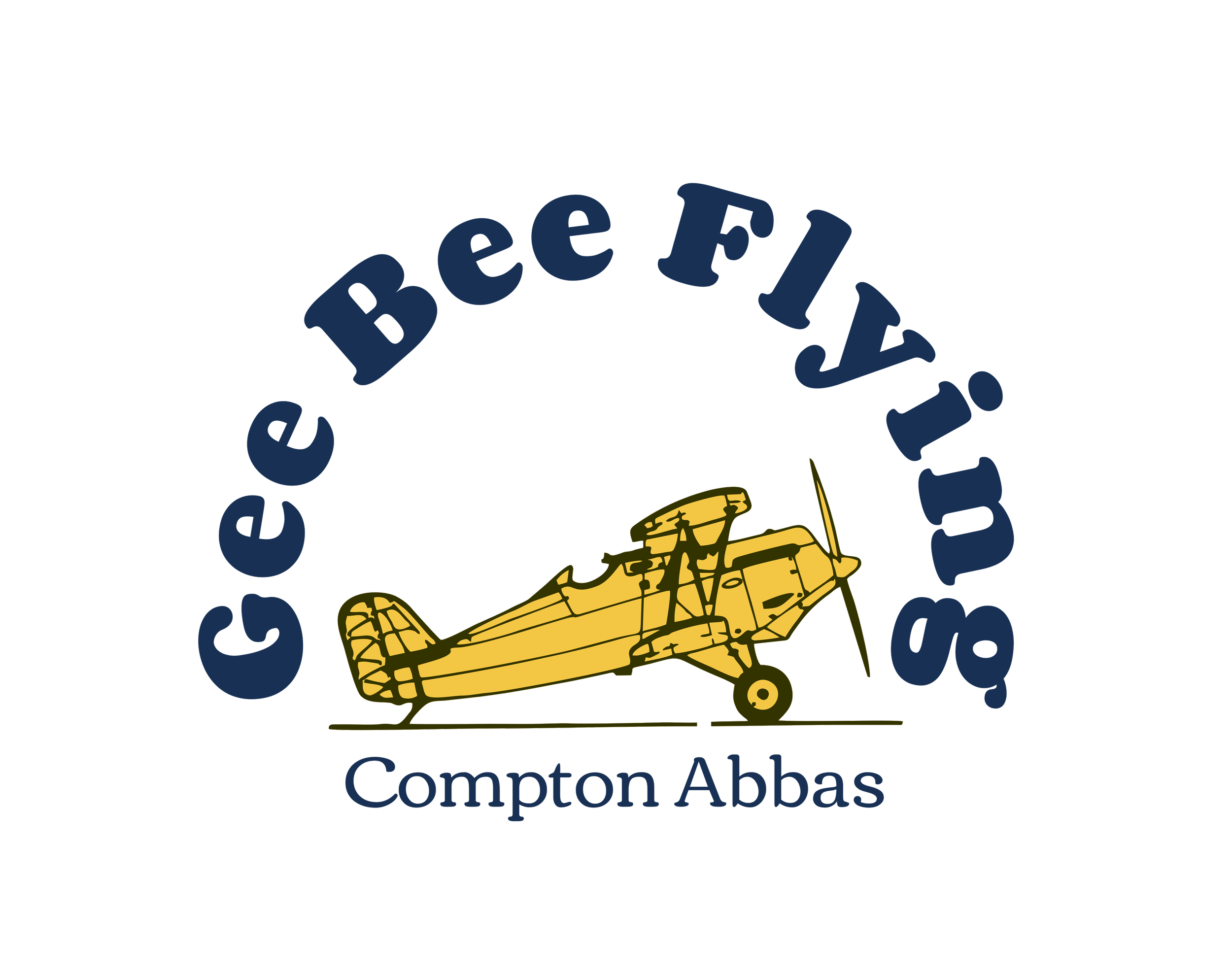 Logo for Gee Bee Flying featuring a yellow vintage airplane with the text 'Gee Bee Flying' and 'Compton Abbas' in blue.