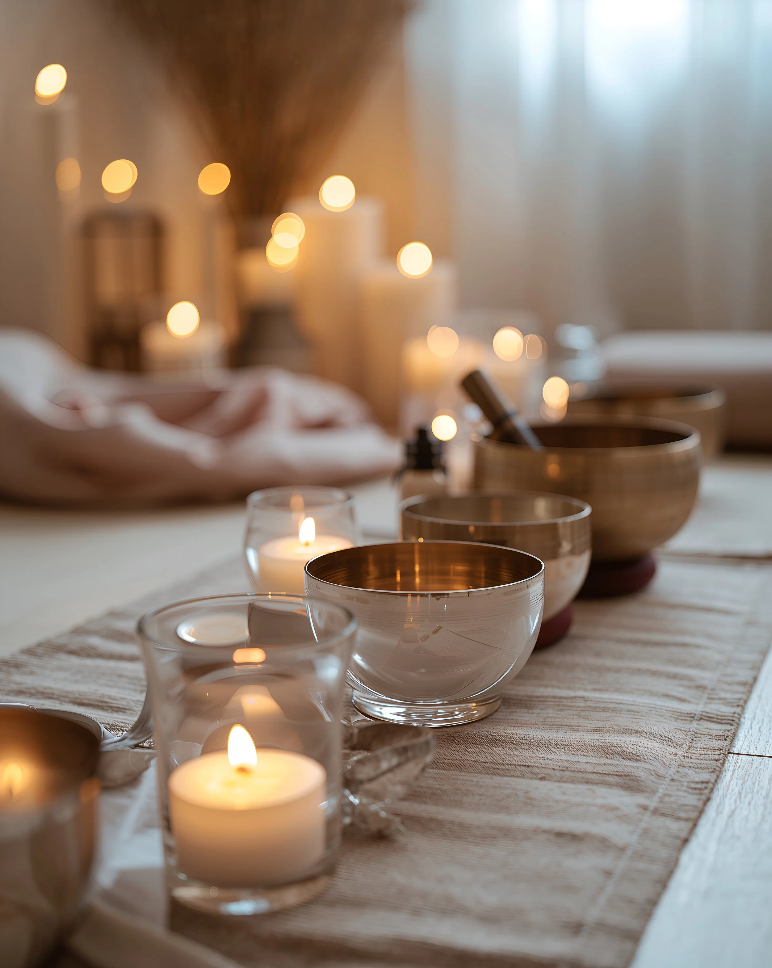A cozy table setting with lit candles, glass bowls with gold interiors, and a wooden mortar and pestle in a softly lit room with string lights in the background.