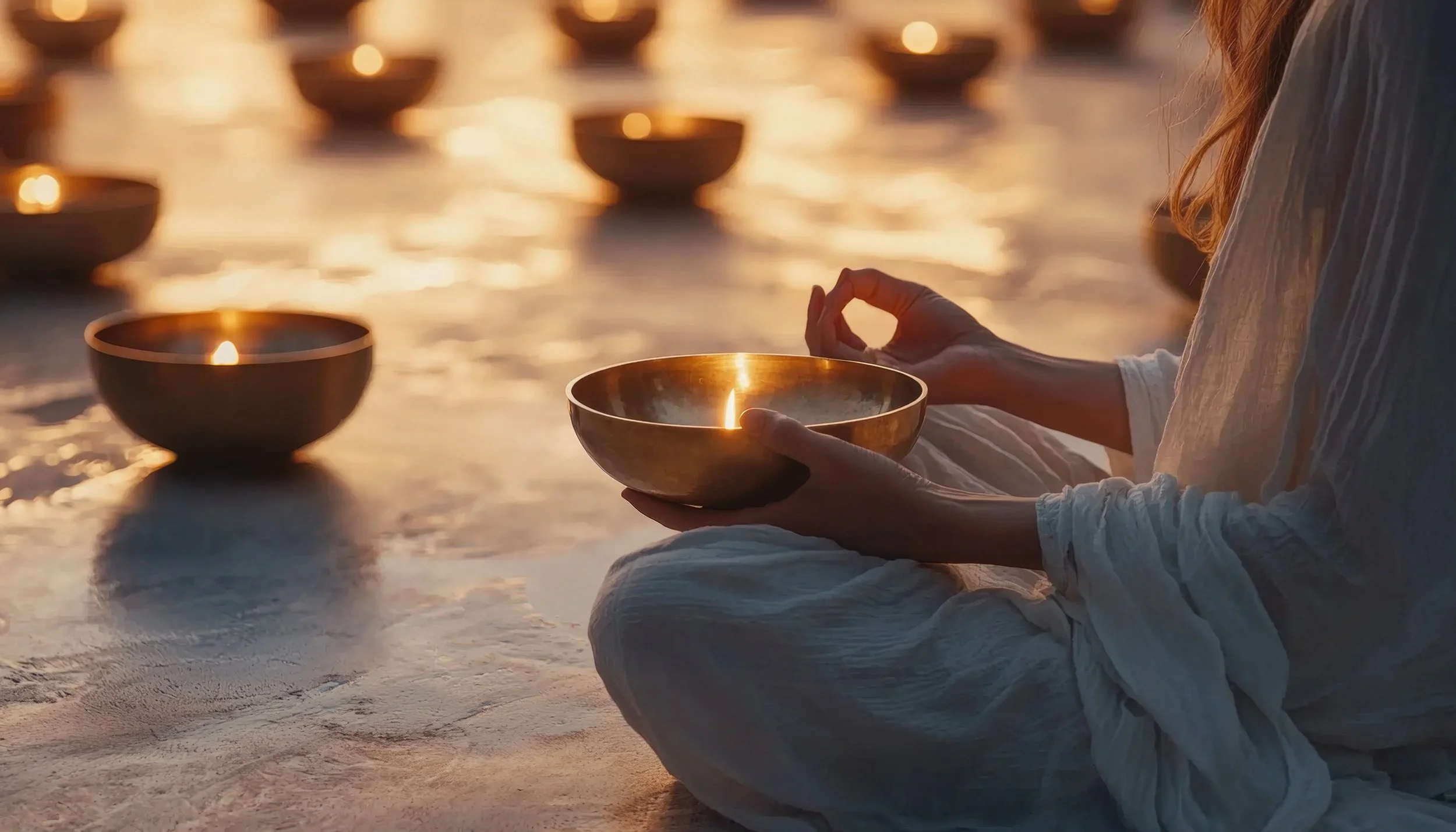 Person sitting cross-legged on a sandy surface, holding a brass bowl with a small lit candle inside, surrounded by other similar lit bowls during sunset or sunrise.