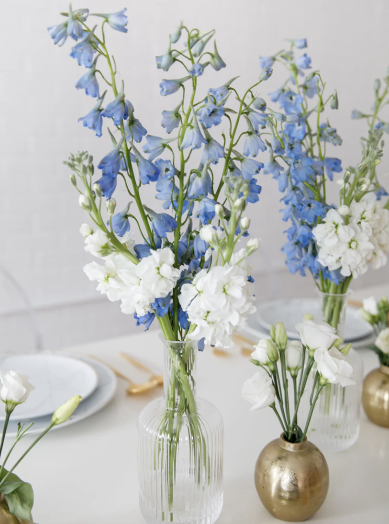 Arrangement of blue and white flowers in glass vases on a table, with plates and cutlery in the background.