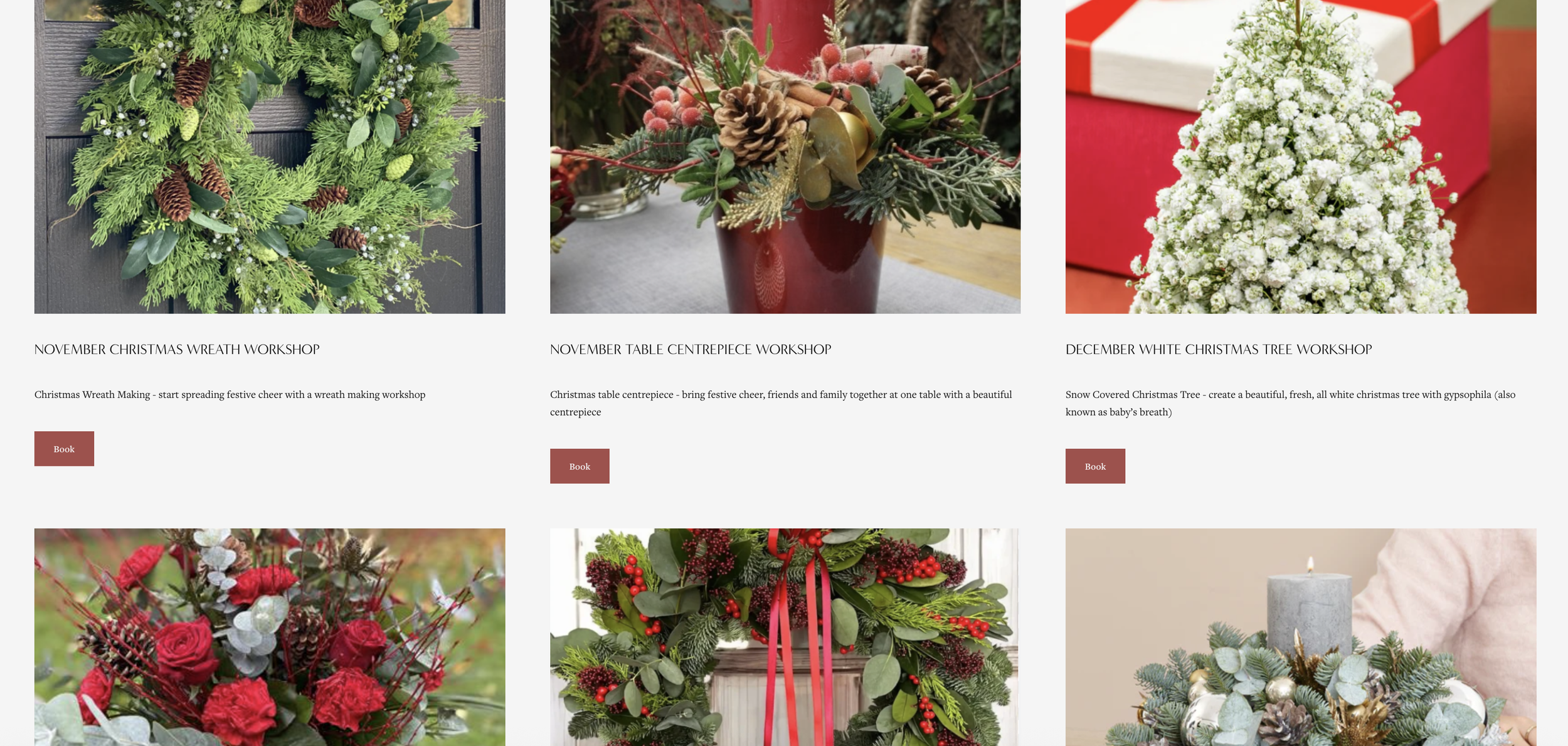 Collage of six images showcasing various Christmas-themed workshop arrangements. The top row includes a green Christmas wreath with pinecones and foliage, a festive table centerpiece with berries and pinecones, and a beautiful white Christmas tree with snow-like decorations. The bottom row features a red floral arrangement with roses and berries, a lush green and red holiday wreath with ribbons, and a festive table centerpiece with greenery, pinecones, and ornaments.