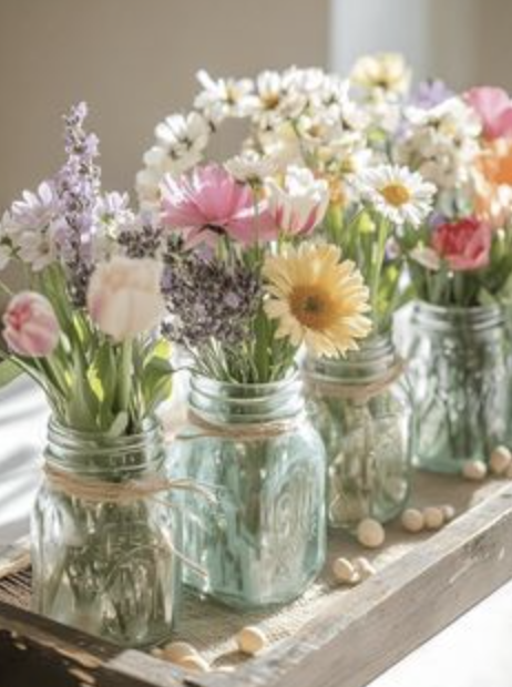 Four glass jars filled with colorful spring flowers arranged on a wooden tray.
