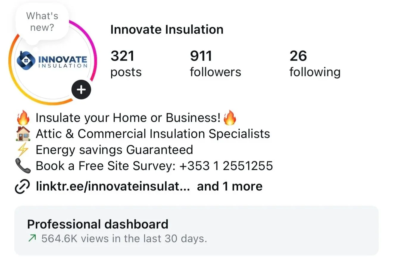 Social media profile of Innovate Insulation, promoting attic and commercial insulation services, with details of posts, followers, and contact information, including a link to their website.