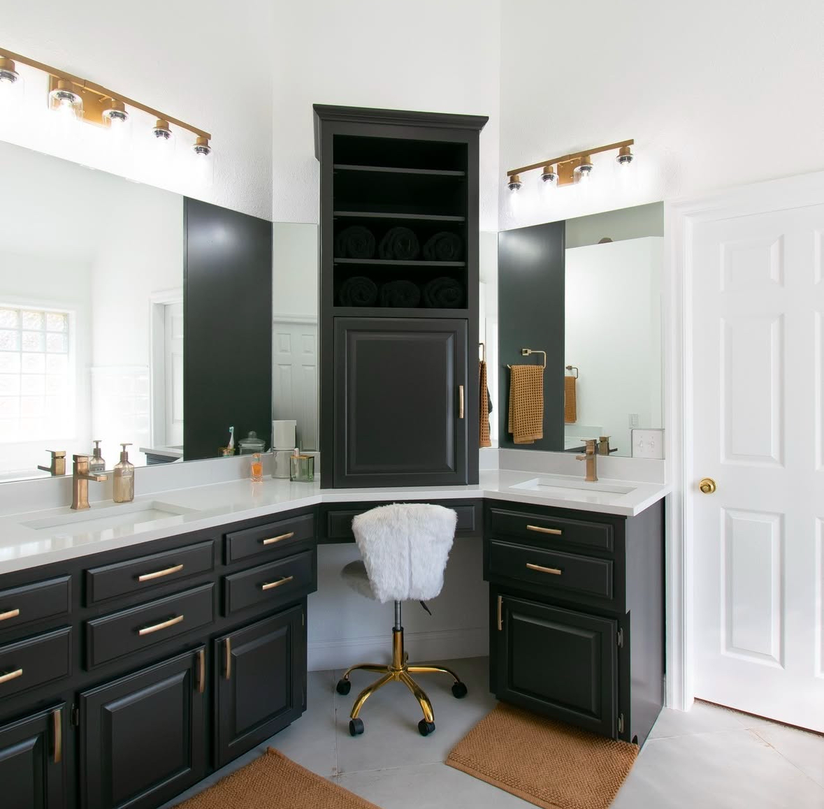 Bathroom Renovation Black Cabinets Gold Accents Vanity 