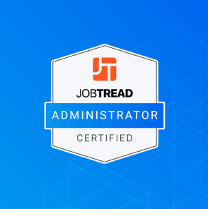 JobTread Administrator Certified badge on a blue geometric background.