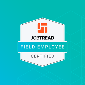 JobTread Field Employee Certified badge on a blue gradient background with geometric lines.