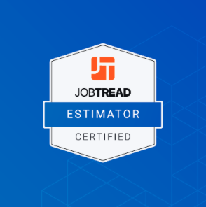 JobTread Estimator Certified badge on blue geometric background.