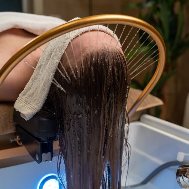 Cheveux longs et mouillés sous un dispositif de traitement capillaire avec lumière bleue, dans un salon de coiffure.
