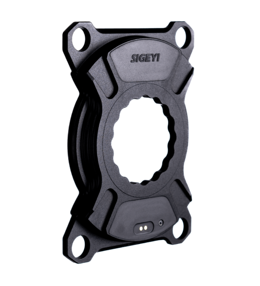 A black, circular device with mounting holes on four corners and the brand name "SIGEYI" on the top part. It appears to be a mechanical or electronic component, possibly a sensor or a mounting bracket.