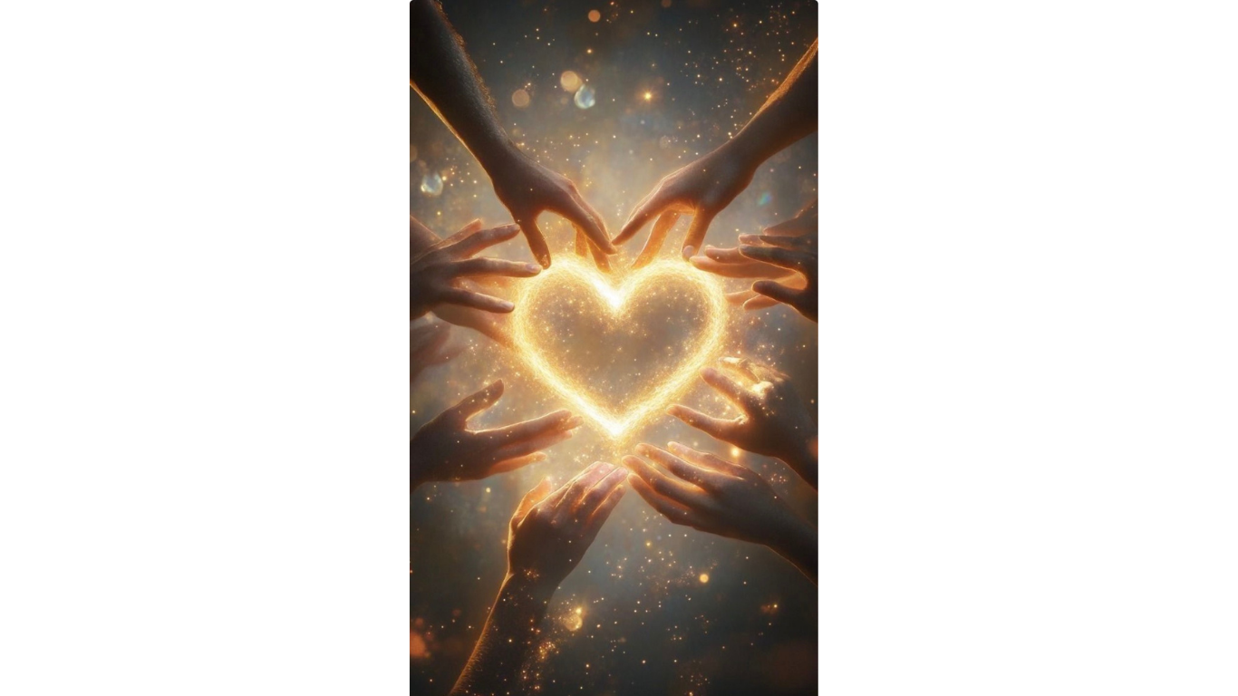Plusieurs mains entourent un cœur lumineux en forme de cœur créé par des étincelles brillantes et de la lumière dorée, avec un fond étoilé.