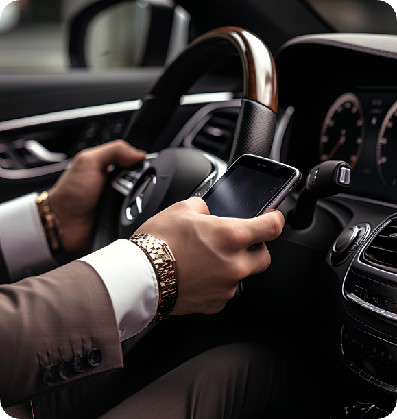 Chauffeur en costume tenant un smartphone au volant d'un véhicule haut de gamme