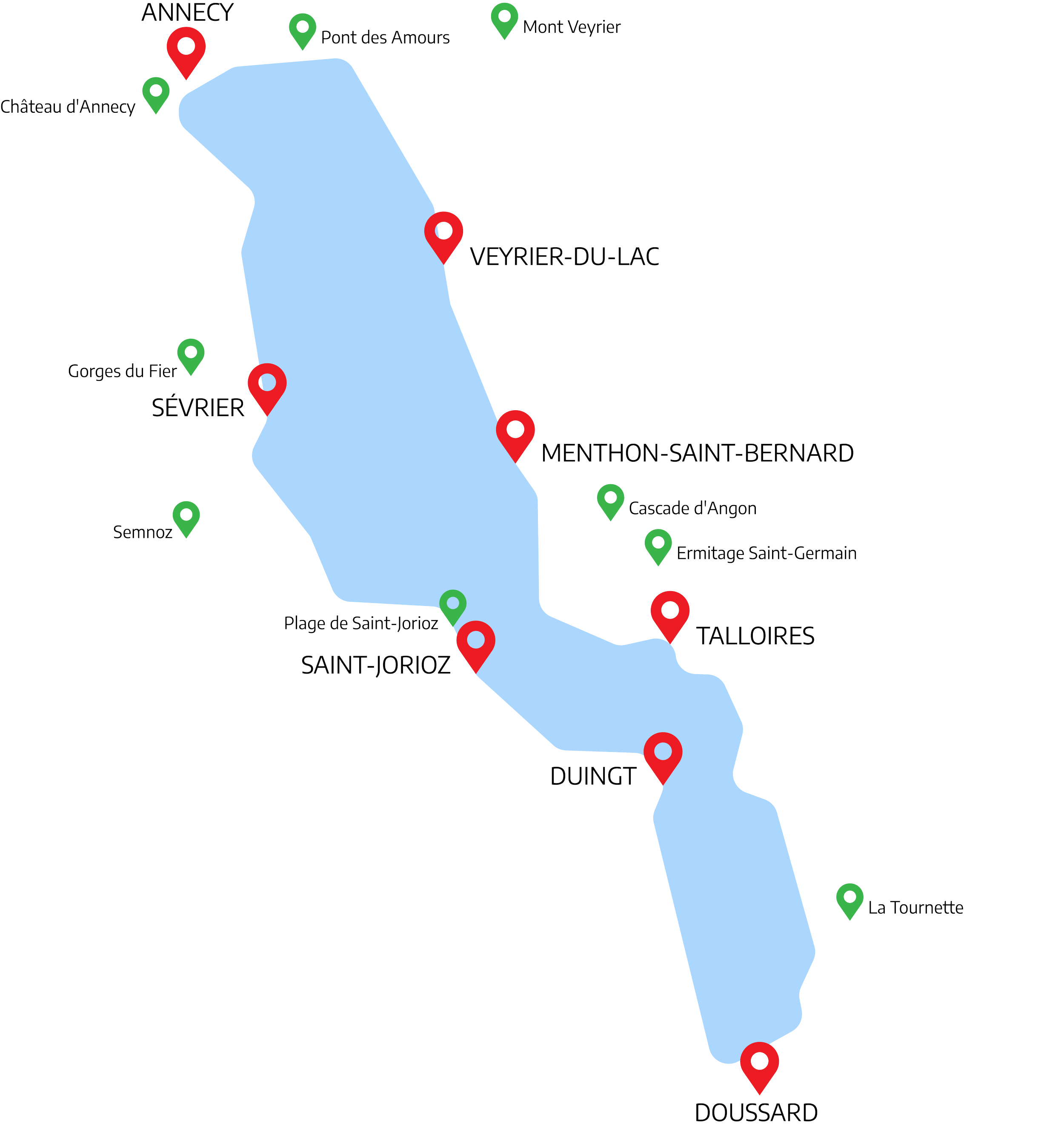 Carte du lac d'Annecy présentant les communes desservies ainsi que les points d'intérêt touristiques aux alentours
