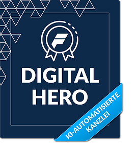 Logo mit dem Text 'Digital Hero' und einem Siegel mit 'F' sowie einem blauen Banner mit 'KI-automatisierte Kanzlei' auf dunkelblauem Hintergrund.