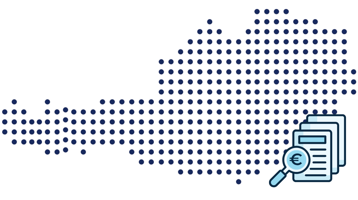 Grafik von digitalen Daten mit Dokumenten, einer Lupe mit Euro-Symbol, symbolisiert Finanzanalyse und Datenüberprüfung.
