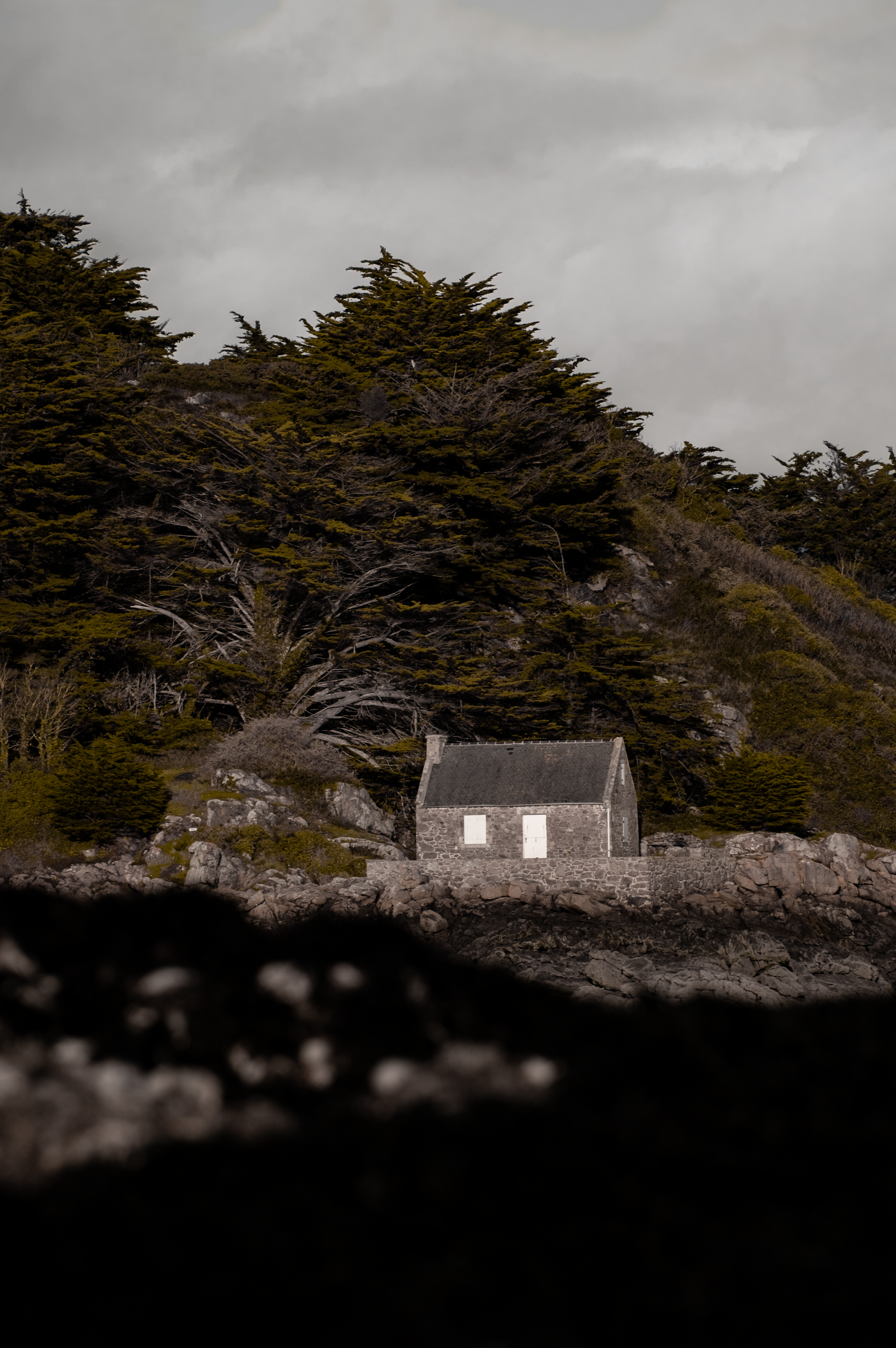 A small stone house near the rocky shoreline, surrounded by dense trees, under a cloudy sky. In Britany, France
