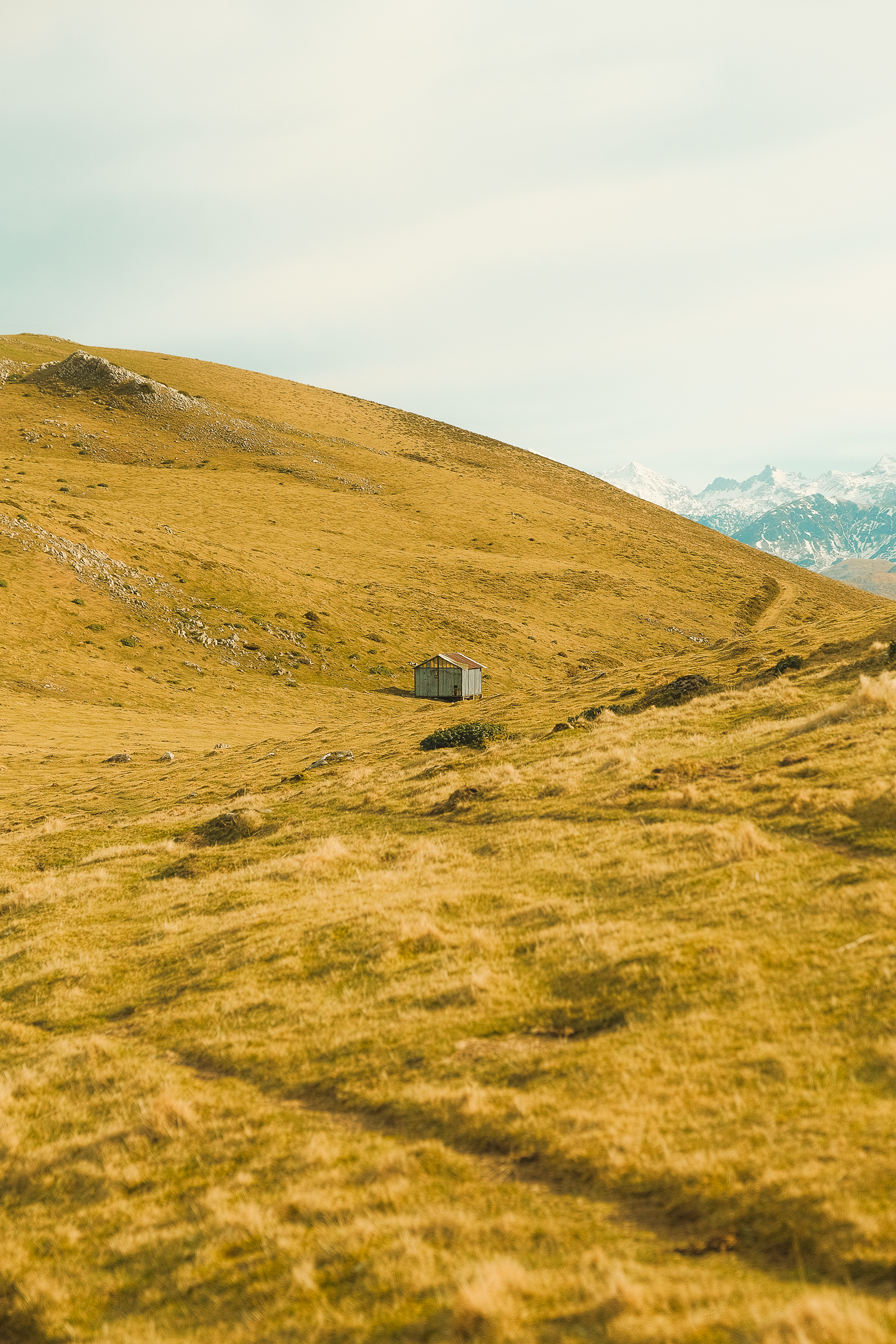 A small wooden cabin on a grassy hillside with mountains in the background. This place is Iraty in the Basque Country. 