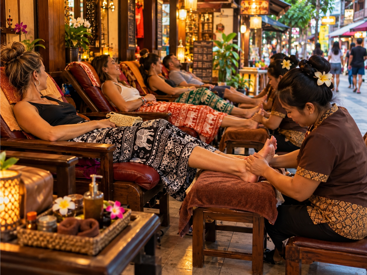 American tourists getting foot massages on the street in Thailand