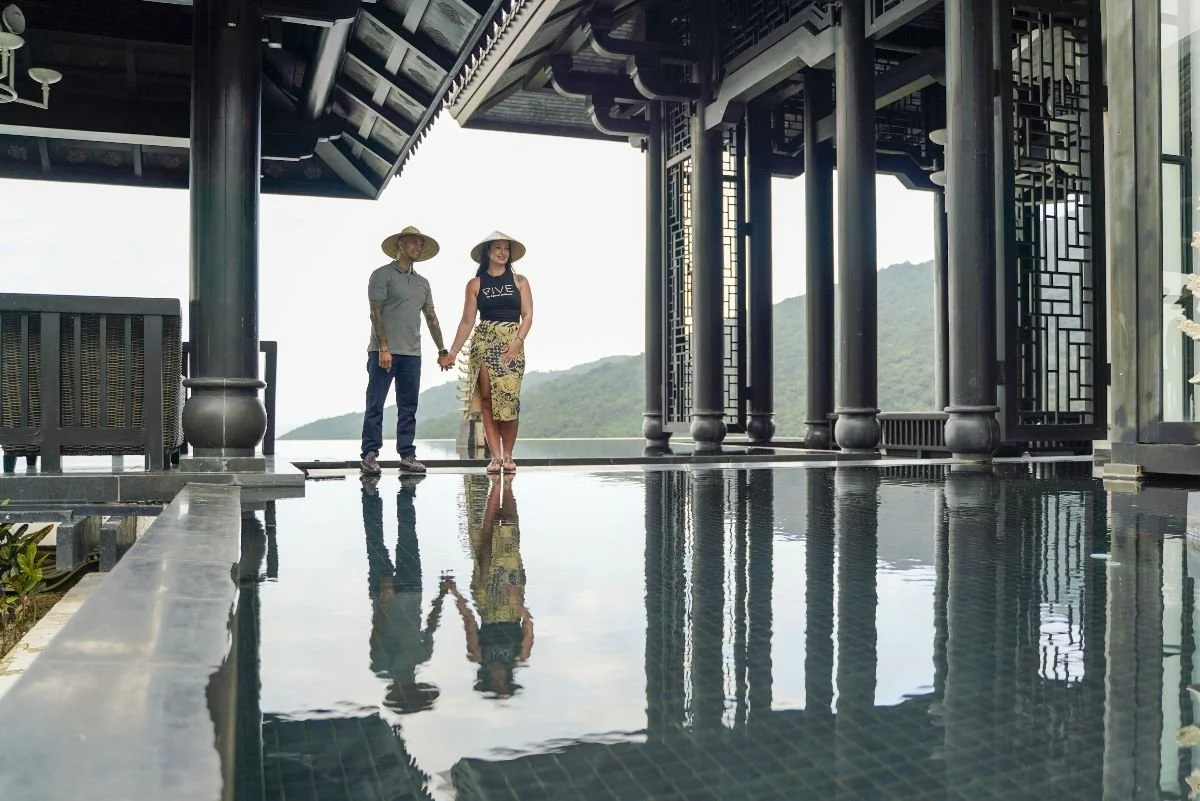 Husband and wife at luxury Intercontinental Danang Sun Peninsula in Vietnam. A private luxury Vietnam trip planned by VIVE Society Travel agency