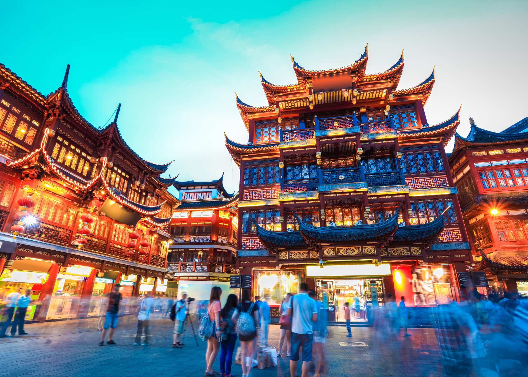 Shopping district in Shanghai mixing modern technology with old world charm