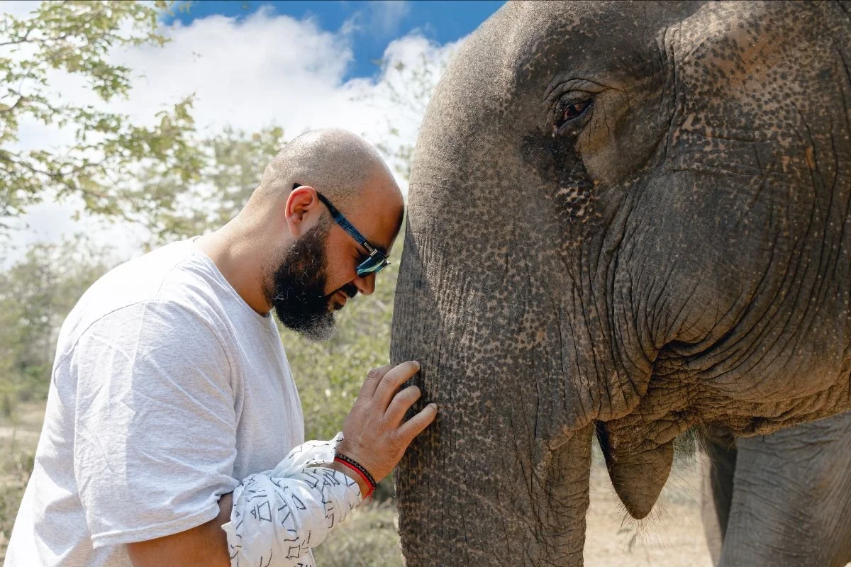 Male tourist visiting ethical elephant rehabilitation sanctuary in Thailand with VIVE Society Travel