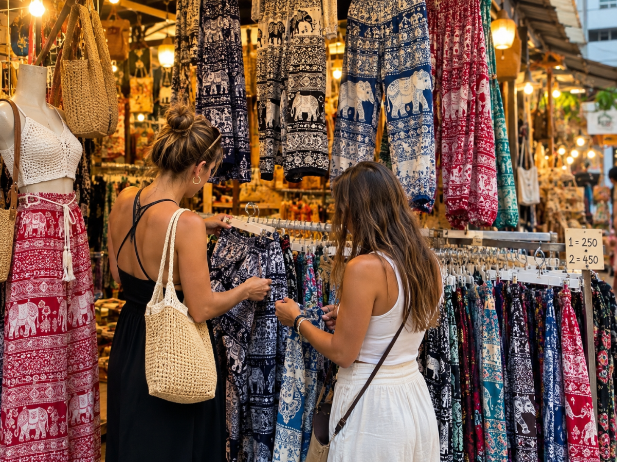 American tourists shopping for elephant pants at a market in Thailand