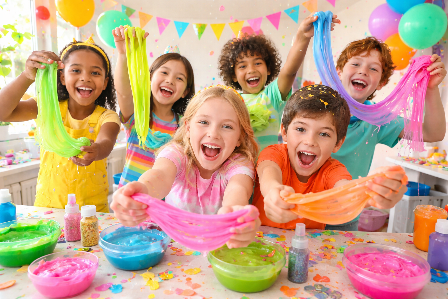 Children at a birthday party playing with colorful slime, surrounded by balloons, confetti, and party decorations.